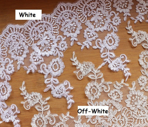 White Alencon Lace Trim: Bridal Wedding Dress Fabric (10 5/8" Wide)