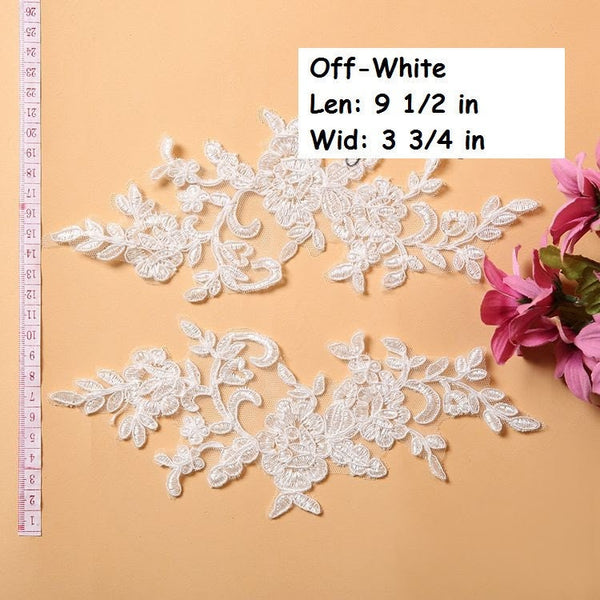 White Alencon Lace Applique Pair: Elegant Floral Bridal Gown Embellishments