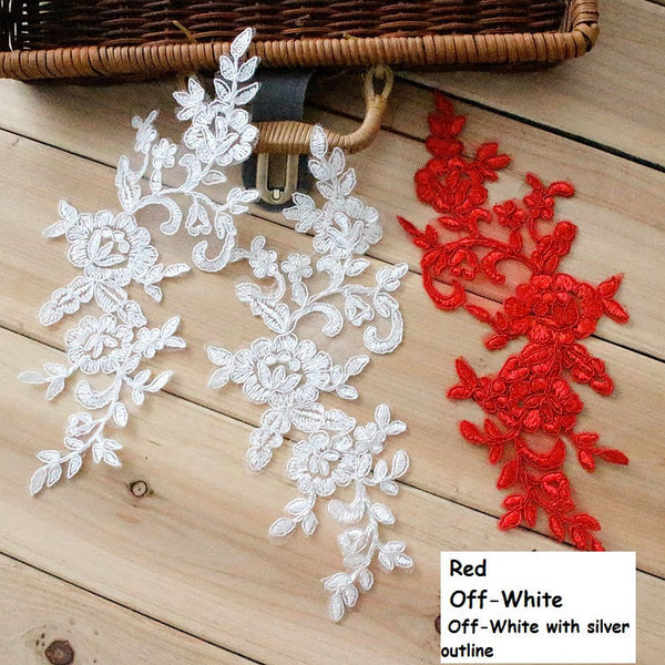 White Alencon Lace Applique Pair: Elegant Floral Bridal Gown Embellishments