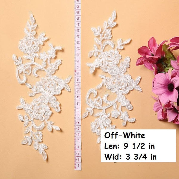 White Alencon Lace Applique Pair: Elegant Floral Bridal Gown Embellishments