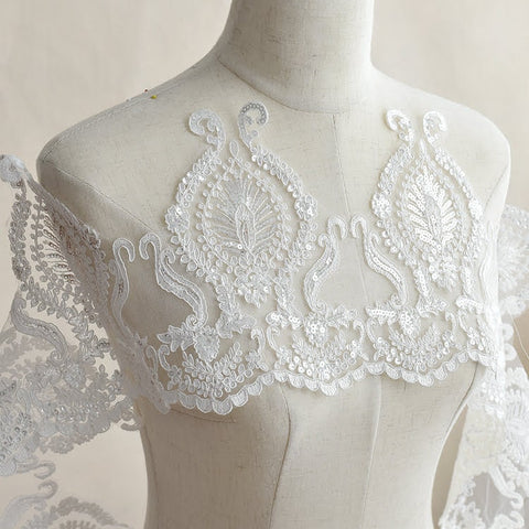 White Alencon Lace Trim: Bridal Wedding Dress Fabric