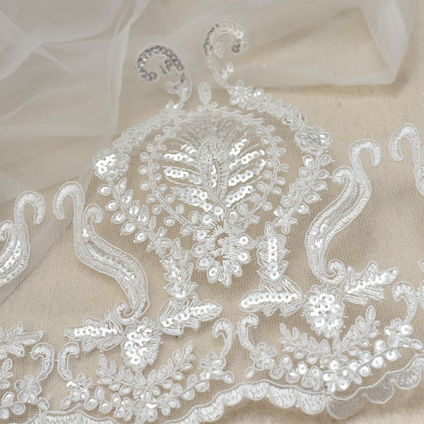 White Alencon Lace Trim: Bridal Wedding Dress Fabric