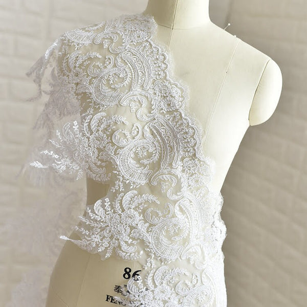 White Alencon Lace Trim: Bridal Wedding Dress Fabric