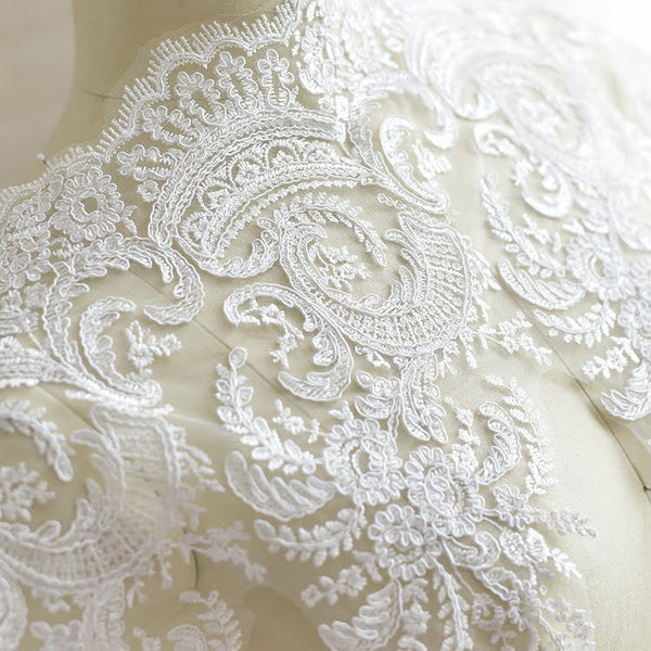 White Alencon Lace Trim: Bridal Wedding Dress Fabric