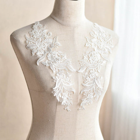 White Floral Lace Applique - Bridal Dress Trim (Pair)