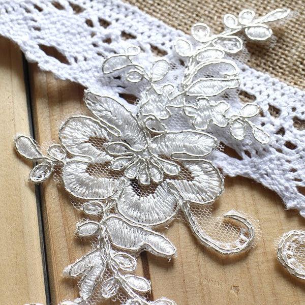 White Lace Applique Pair: Bridal Dress Trim with Golden Lining