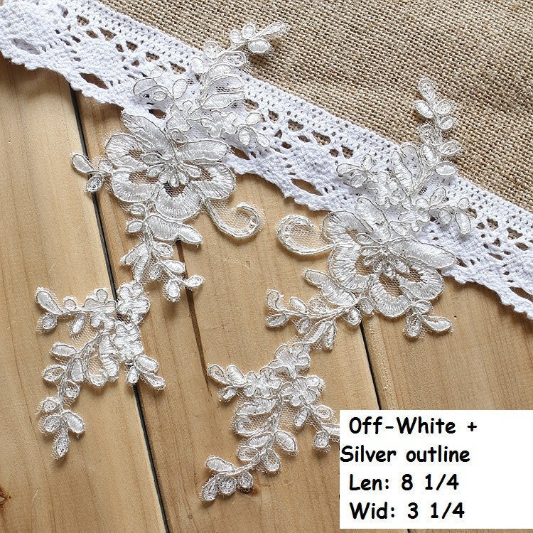 White Lace Applique Pair: Bridal Dress Trim with Golden Lining