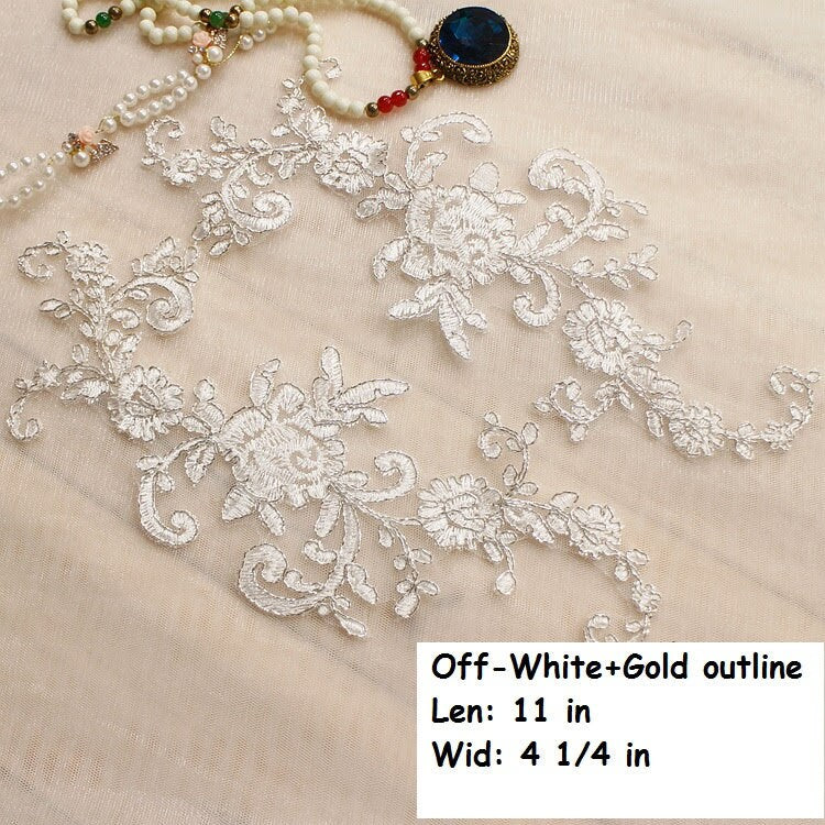 Lace Applique Pair: Gold Embroidery Bridal Trim, DIY Wedding Gown Embellishment