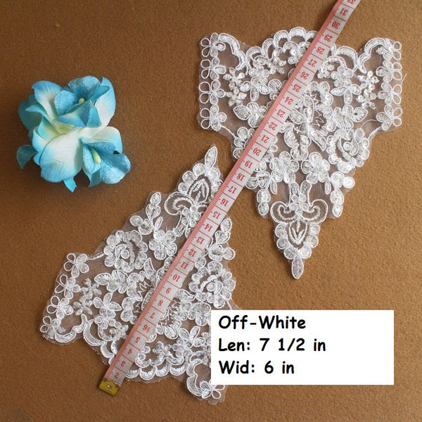 White Floral Lace Applique - Bridal Dress Trim (Pair)