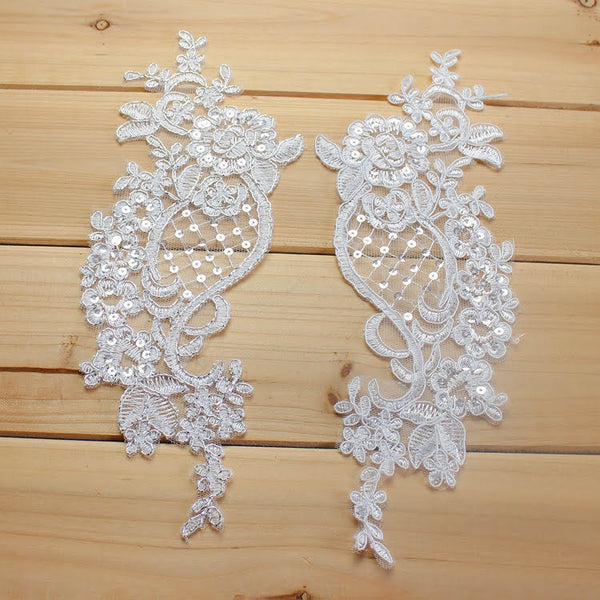 White Floral Lace Applique Pair: Bridal Dress Trim