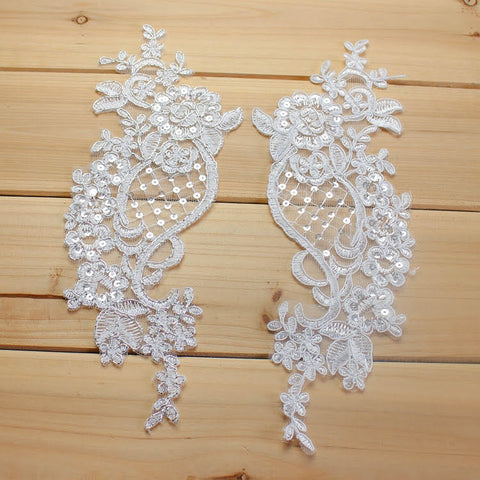 White Floral Lace Applique Pair: Bridal Dress Trim