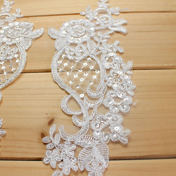 White Floral Lace Applique Pair: Bridal Dress Trim