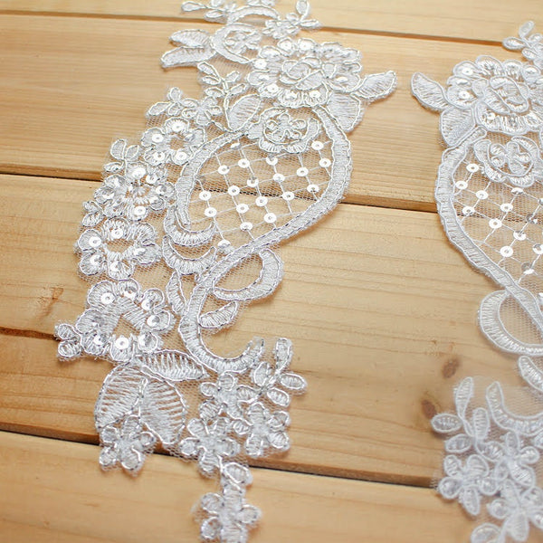 White Floral Lace Applique Pair: Bridal Dress Trim