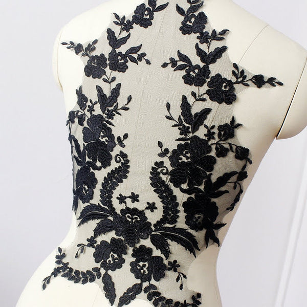 Lace Applique Black Embroidered on Mesh Fabric - Perfect Bodice Applique for Dresses & Gowns - Elegant Floral Design