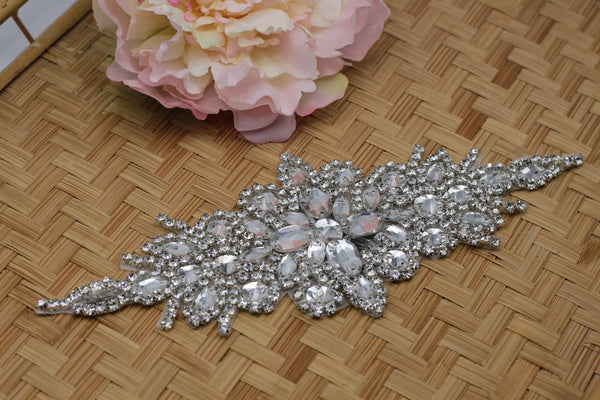 Bridal Dress Rhinestone Applique Belt, Glamorous Iron-On Embellishment for Elegant Wedding Look