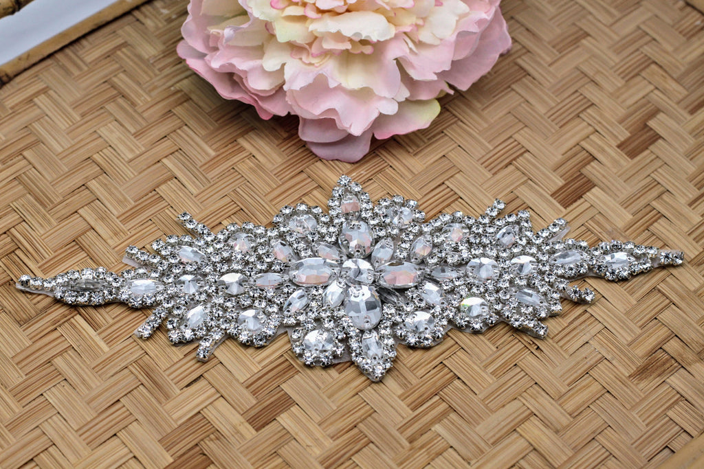 Bridal Dress Rhinestone Applique Belt, Glamorous Iron-On Embellishment for Elegant Wedding Look