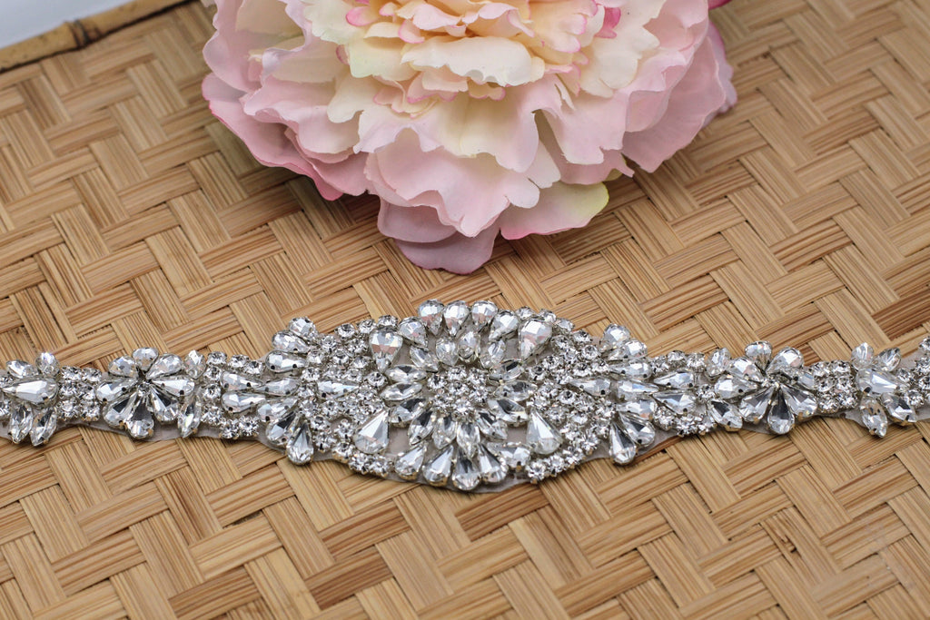 Rhinestone Bridal Belt Applique: Iron-On Patch (13.5 x 2 in)