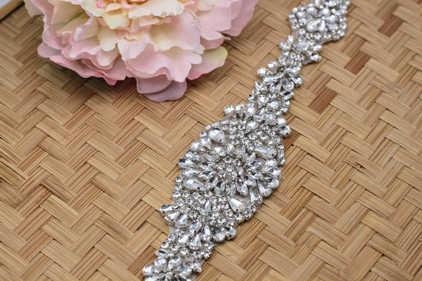 Rhinestone Bridal Belt Applique: Iron-On Patch (13.5 x 2 in)