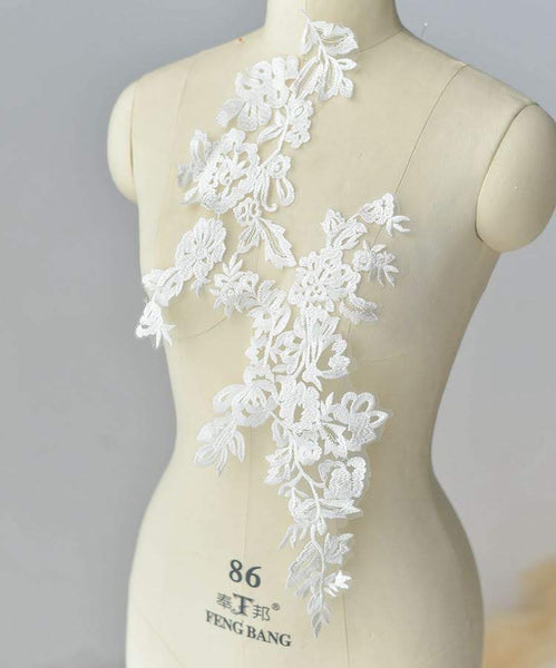 White Floral Lace Applique - Bridal Dress Trim (Pair)