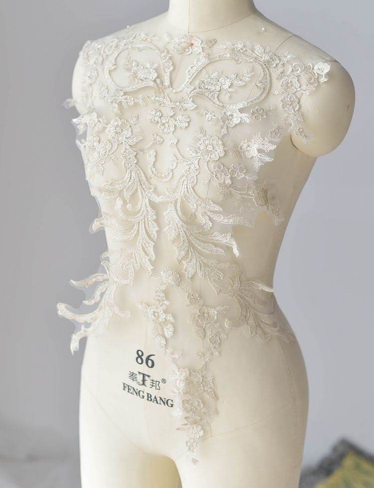 White & Gold Bridal Lace Applique: Wedding Dress Bodice