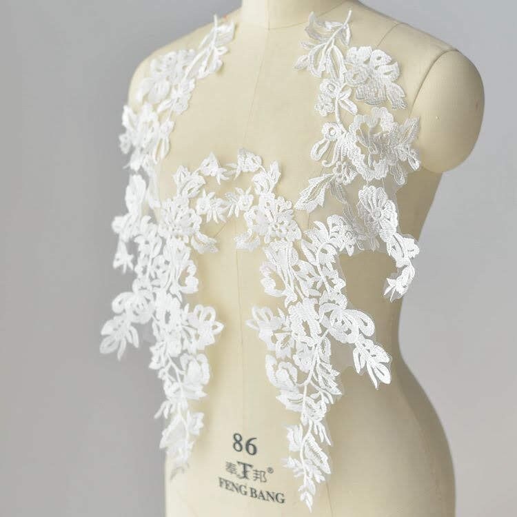 White Floral Lace Applique - Bridal Dress Trim (Pair)