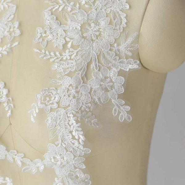 White Floral Lace Applique - Bridal Dress Trim (Pair)