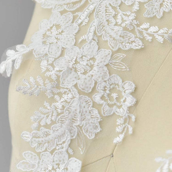 White Floral Lace Applique - Bridal Dress Trim (Pair)