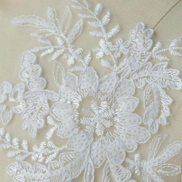 White Floral Lace Applique - Bridal Dress Trim (Pair)