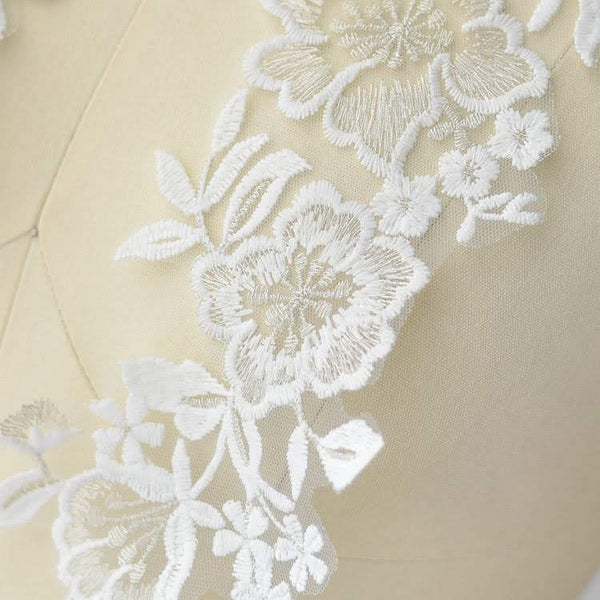 White Floral Lace Applique - Bridal Dress Trim (Pair)