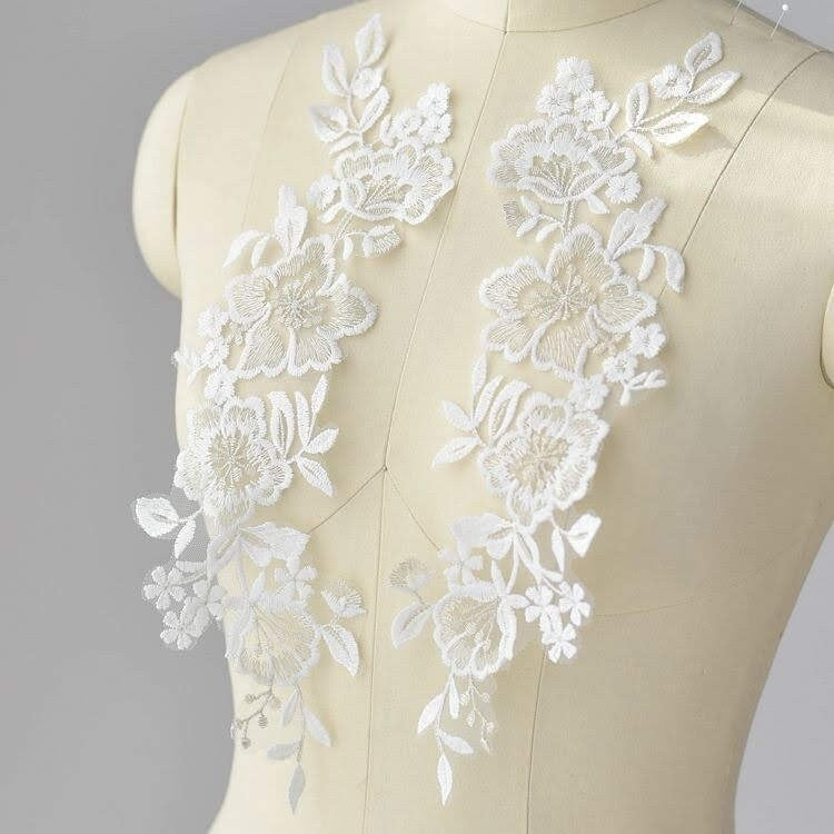 White Floral Lace Applique - Bridal Dress Trim (Pair)