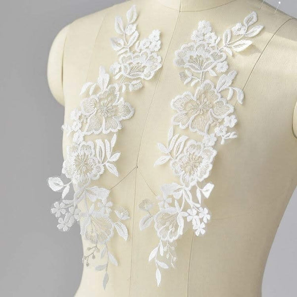 White Floral Lace Applique - Bridal Dress Trim (Pair)