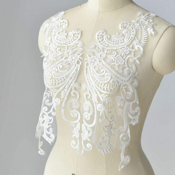 Bridal Lace Applique Pair: Embroidered Wedding Gown Embellishment