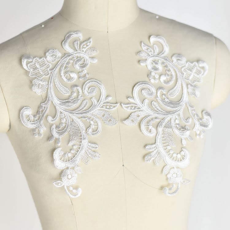White Lace Applique Pair: Bridal Dress Trim ALA-13
