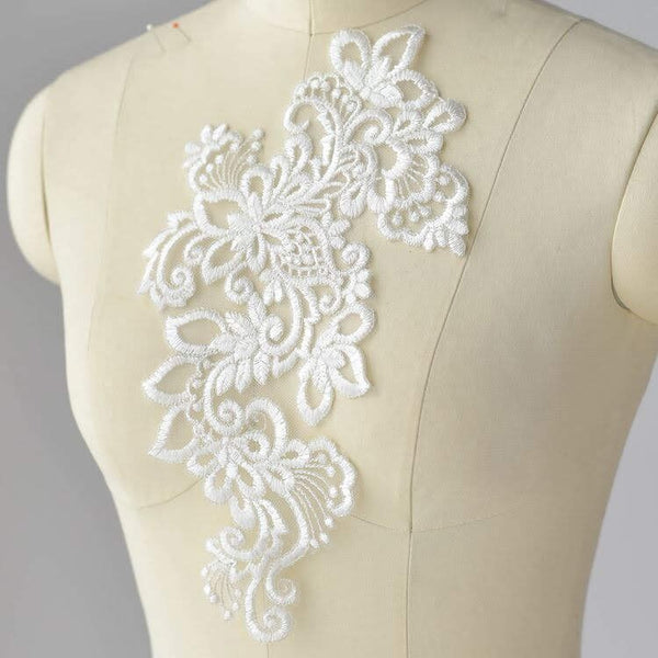 White Bridal Lace Applique Pair: Wedding Dress Trim