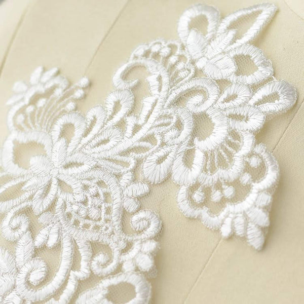 White Bridal Lace Applique Pair: Wedding Dress Trim