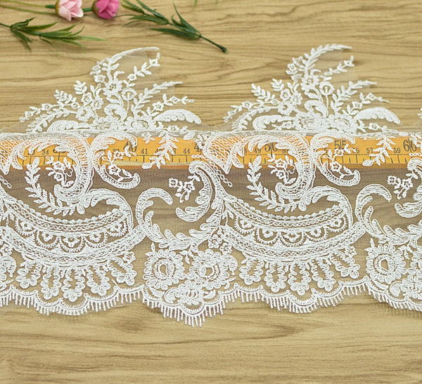 White Alencon Lace Trim: Bridal Wedding Dress Fabric