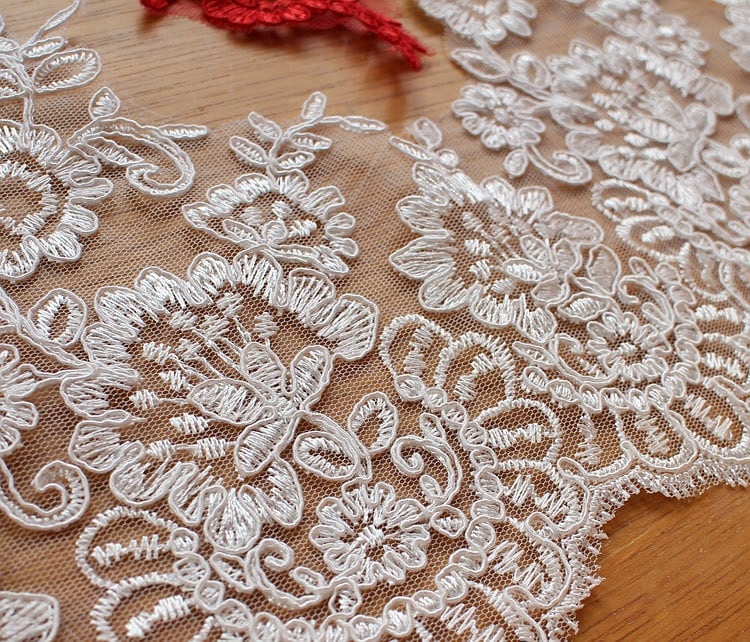 White Alencon Lace Trim: Bridal Wedding Dress Fabric (10 5/8" Wide)