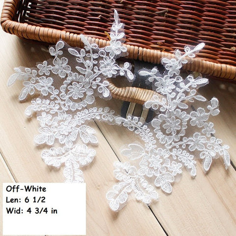 White Floral Lace Applique - Bridal Dress Trim (Pair)