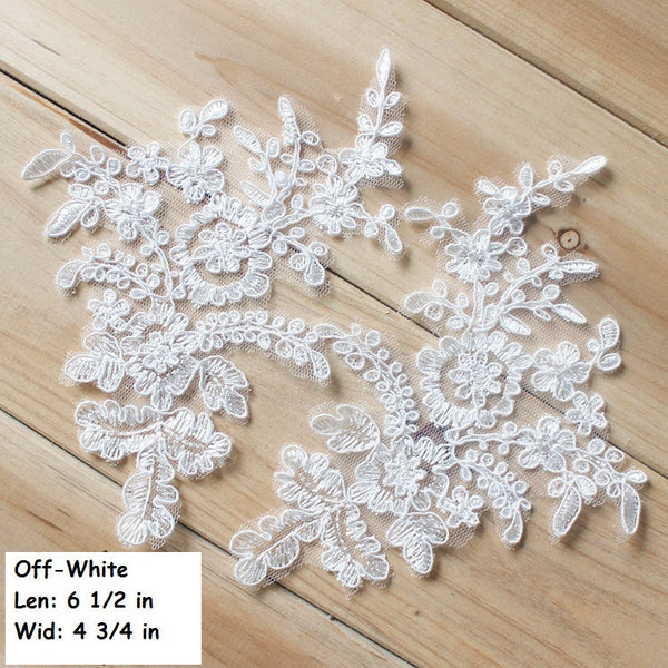 White Floral Lace Applique - Bridal Dress Trim (Pair)