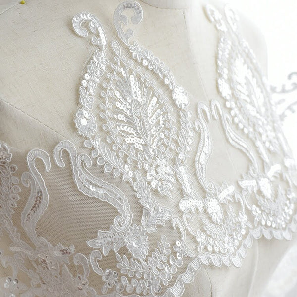 White Alencon Lace Trim: Bridal Wedding Dress Fabric