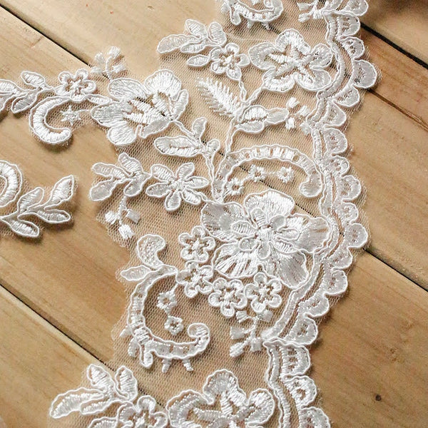 White Alencon Lace Trim: Bridal Wedding Dress Fabric By The Yard