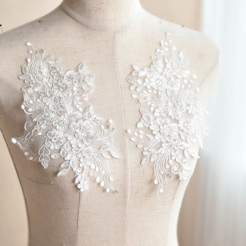 Embroidered Floral Lace Applique Pair for Bridal Gown