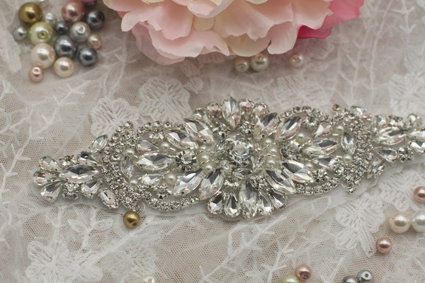 Rhinestone Bridal Applique: Iron-On Patch for Wedding Dress, 6x2 in