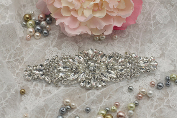 Rhinestone Bridal Applique: Iron-On Patch for Wedding Dress, 6x2 in