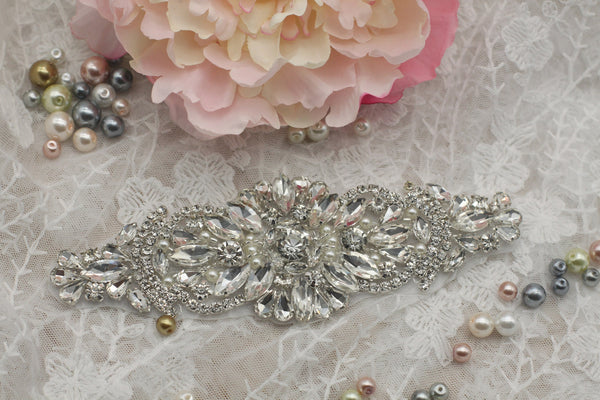 Rhinestone Bridal Applique: Iron-On Patch for Wedding Dress, 6x2 in