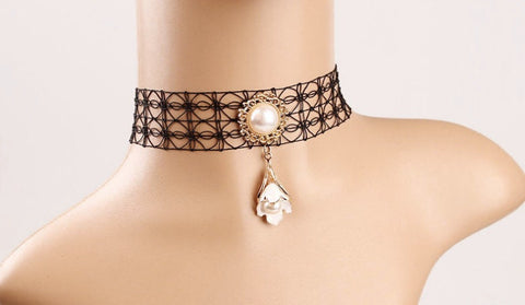 Black Lace Choker: Gothic Pearl Victorian Necklace