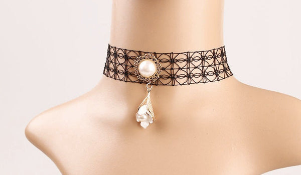Black Lace Choker: Gothic Pearl Victorian Necklace
