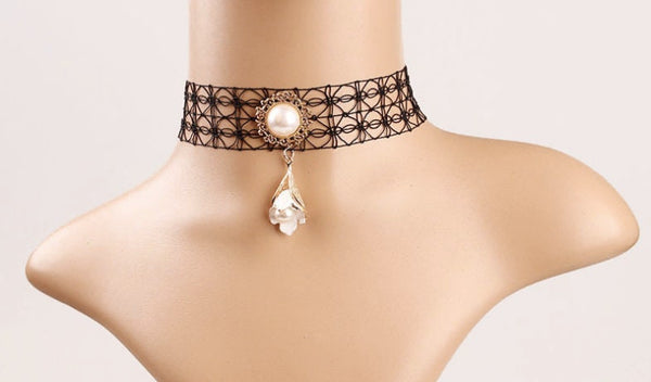 Black Lace Choker: Gothic Pearl Victorian Necklace
