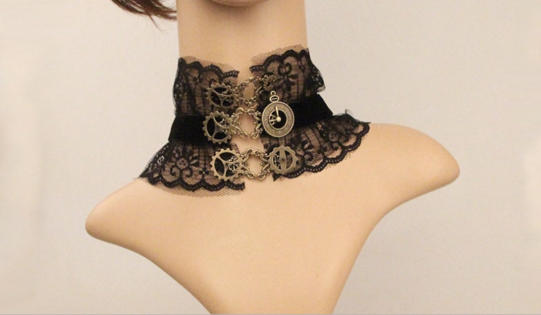 Black Lace Choker: Gothic Victorian Necklace with Gears