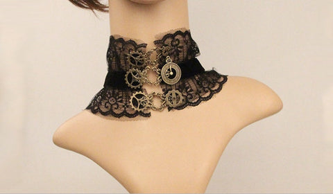 Black Lace Choker: Gothic Victorian Necklace with Gears